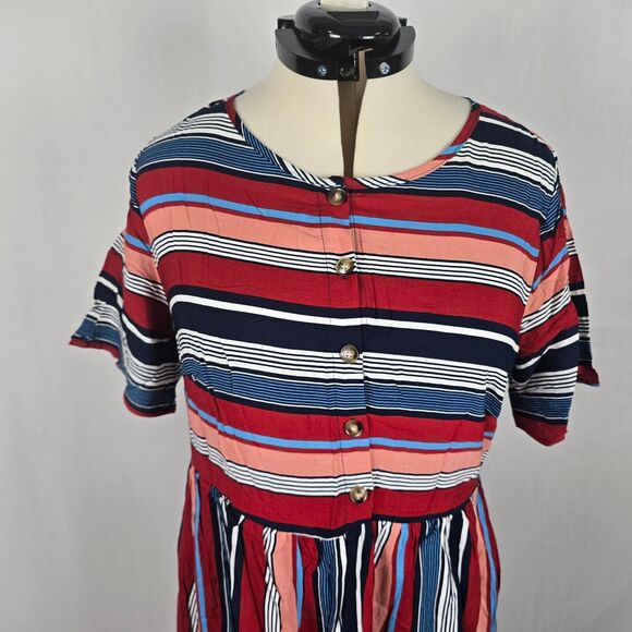 Bloomchic Dress Women's 1X Red Multiple Color Striped Contrast Short Sleeve NWT - Picture 2 of 13